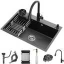 Black Kitchen Sink with Faucet, Top Mount/Drop-In 3 Hole Single Bowl Stainless Steel Sink with Cup Washer, Soap Dispenser, Drainage kit for Bar, Kitchen, Balcony (31.5 * 17.7in)