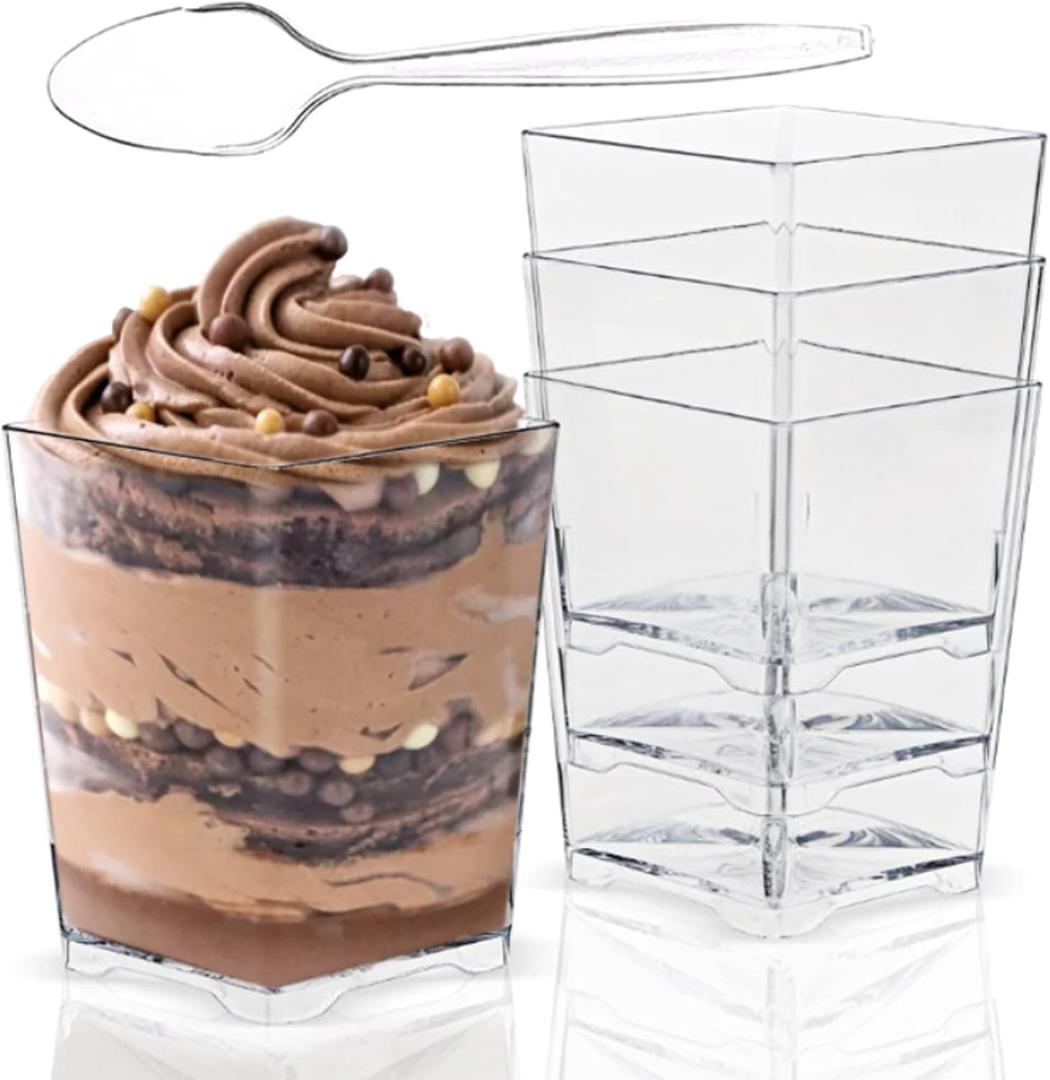 Jnnzzggu 50 Pack 4 oz Square Plastic Dessert Cups with Spoons,Clear Plastic Parfait Appetizer Cup Parfait Cups for Desserts,Appetizers,Ice Cream