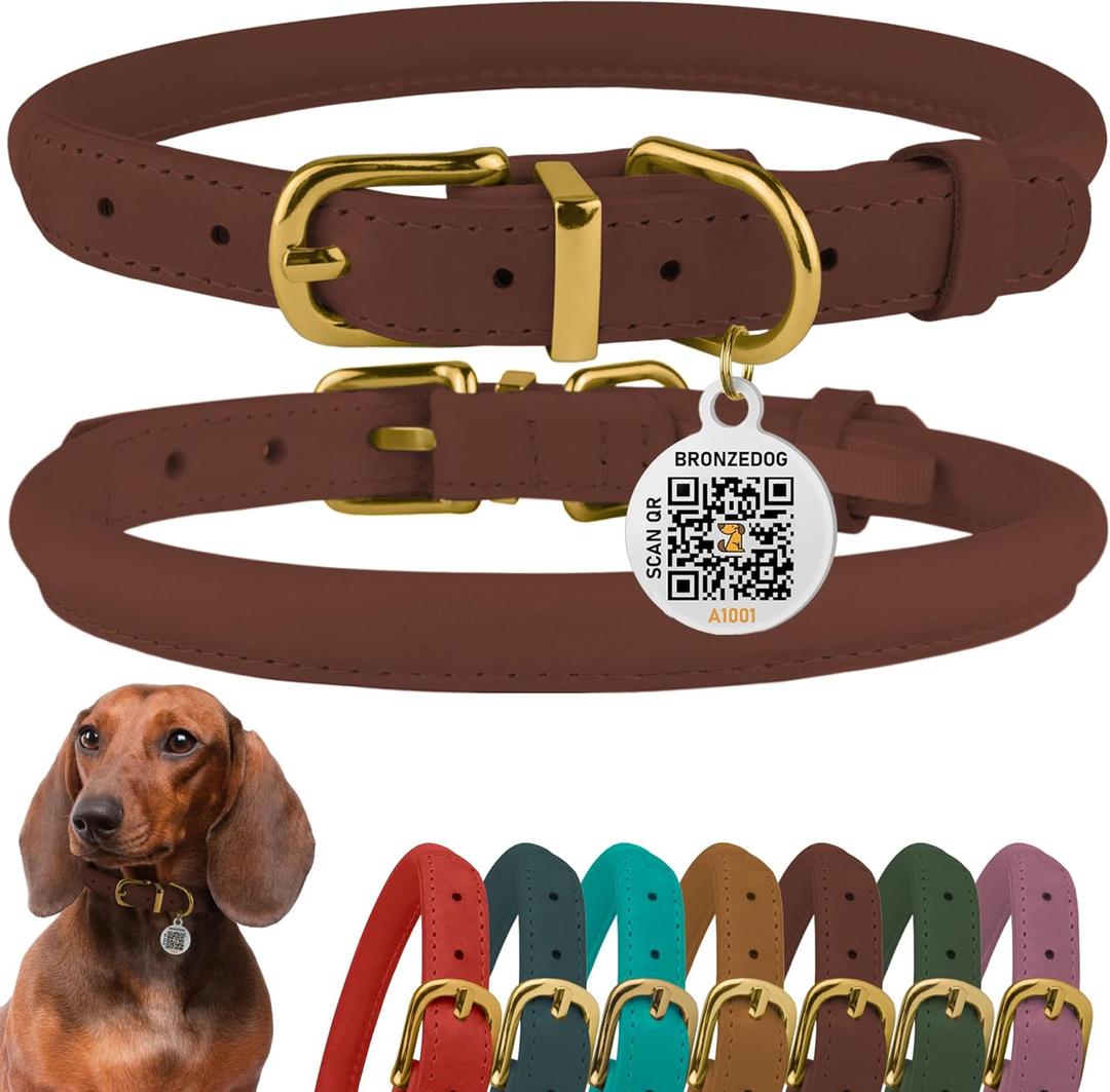 BronzeDog Rolled Leather Dog Collar with QR ID Tag, Adjustable Soft Round Collars for Small Medium Large Dogs Puppy (7" - 10" Neck Size, Cognac Brown)