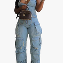 Tbahhir Women's Sexy Off Shoulder Tube Denim Cargo Jumpsuits Wide Leg Baggy Loose Jean Pants Rompers Overalls Size M