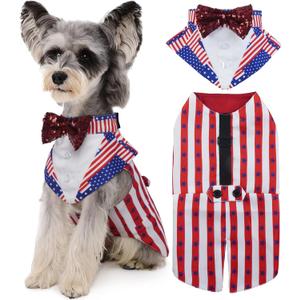 Kuoser Independence Day Dog Tuxedo Dog Suit and Bandana Set, 4Th of July Dog Costume American Flag Dog Outfit with Bow Tie for Large Medium Small Dogs Golden Retriever Samo Bulldogs, M
