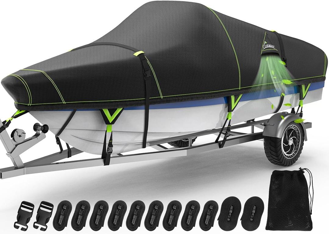 UIRWAY Upgraded Boat Covers 22-24 ft, Trailerable Bass Boat Cover with Windproof Strap, 1200D Waterproof Marine Grade Winter Boat Tarp Fit V-Hull/V-Hull, Fishing Boat, Setup & Storage (Black)