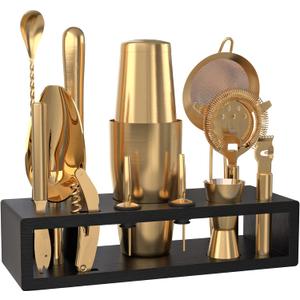 Highball & Chaser Bartender Kit with Black Bamboo Stand Beautiful Cocktail Shaker Set and Bar Tools Stainless Steel Boston Shaker Bartender Kit with Stand (Antique Gold)