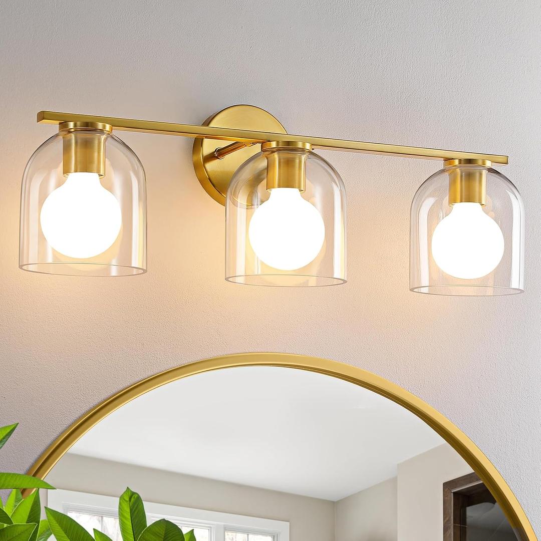 WOSHITU Bathroom Vanity Light Fixtures: 23.3 Inch Modern Brushed Gold Bathroom Light Fixtures Over Mirror with Clear Glass Shade, 3-Light Bathroom Lights Above Mirror