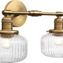 2-Lights Industrial Glass Wall Sconces, Antique Brass Clear Striped Globe Shade Wall Light Fixture for Bathroom Vanity, Bedroom, Dining Room, Living Room, Farmhouse, Stairs