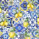 7x5 FT Blue Tiles Lemon Backdrop Summer Fruit Baby Shower Birthday Wall Paper Dessert Table Cloth Photography Background Italian Tiles Party Decorations Banner Photo Booth Props
