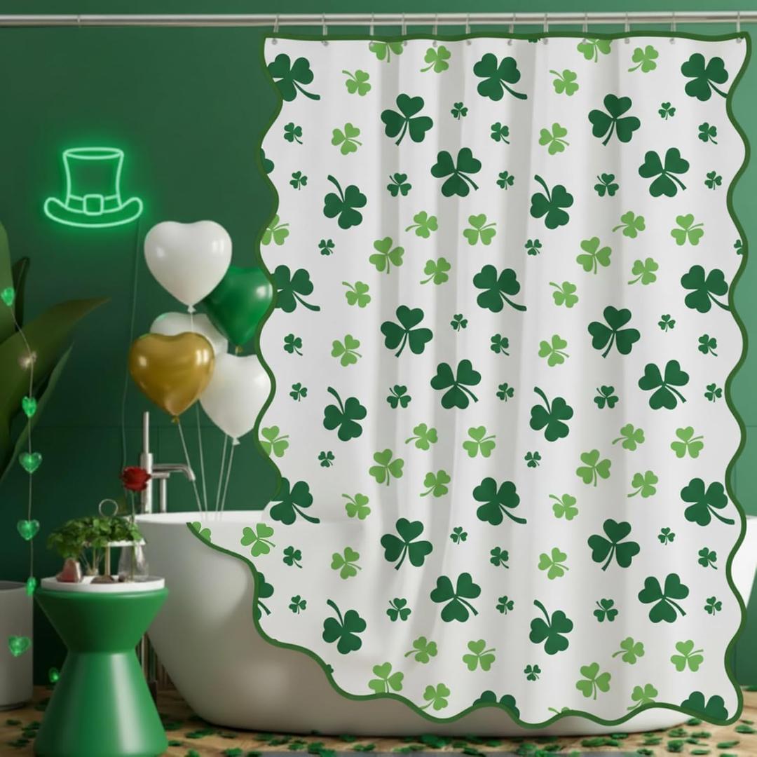 Frienda St. Patrick's Day Shower Curtain for Bathroom Decor Scalloped Green Clover Shamrock Irish Curtain Waterproof Fabric for St. Patty's Day Bathroom Decorations, Hooks Include, 72 x 72 Inch