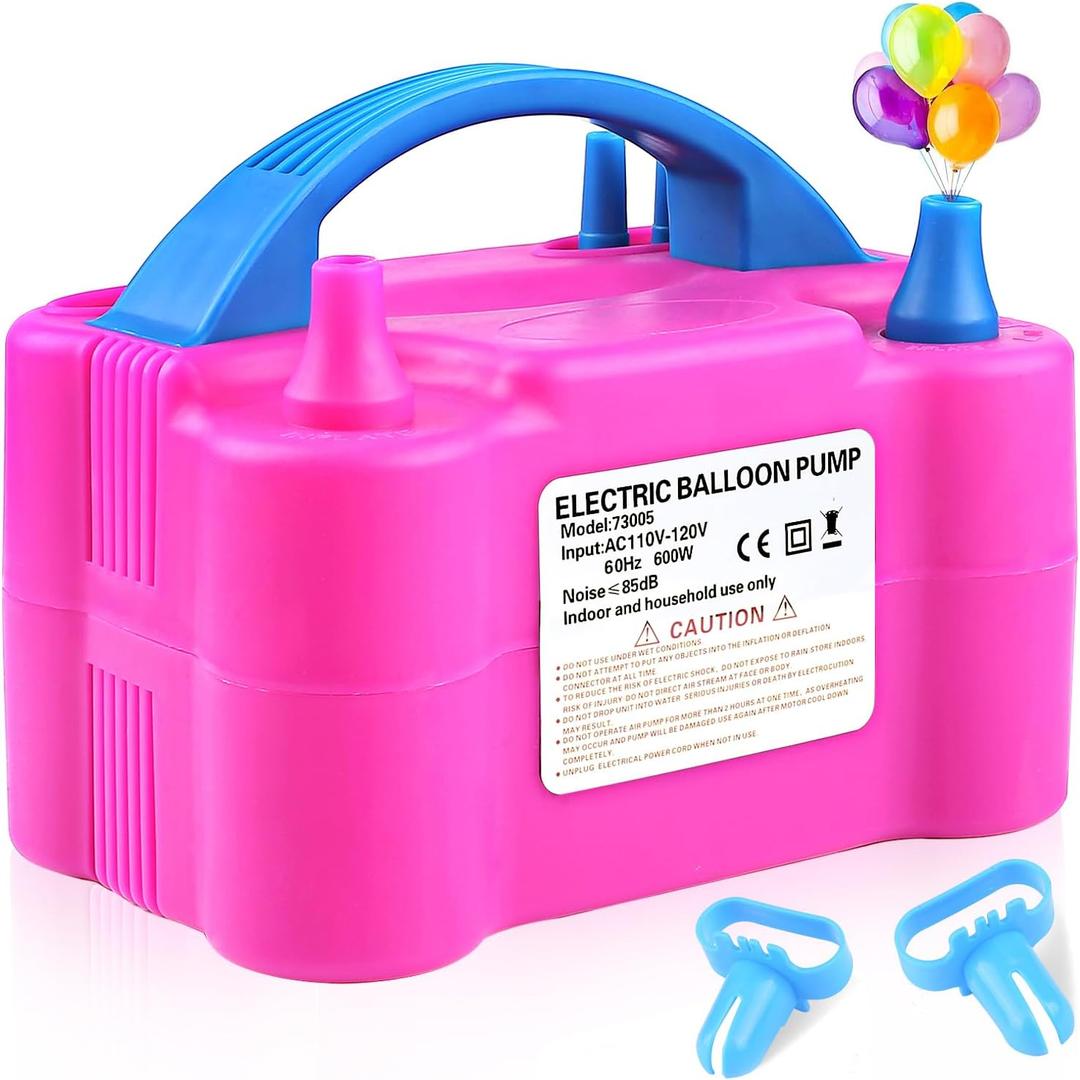 Balloon Pump Electric,110V 600W Balloon Blower Inflator Dual Nozzle Air Pump Balloons Inflator for Decoration, Party, Sport,Gifts:2 Balloon Tying Tools (Rose Red)