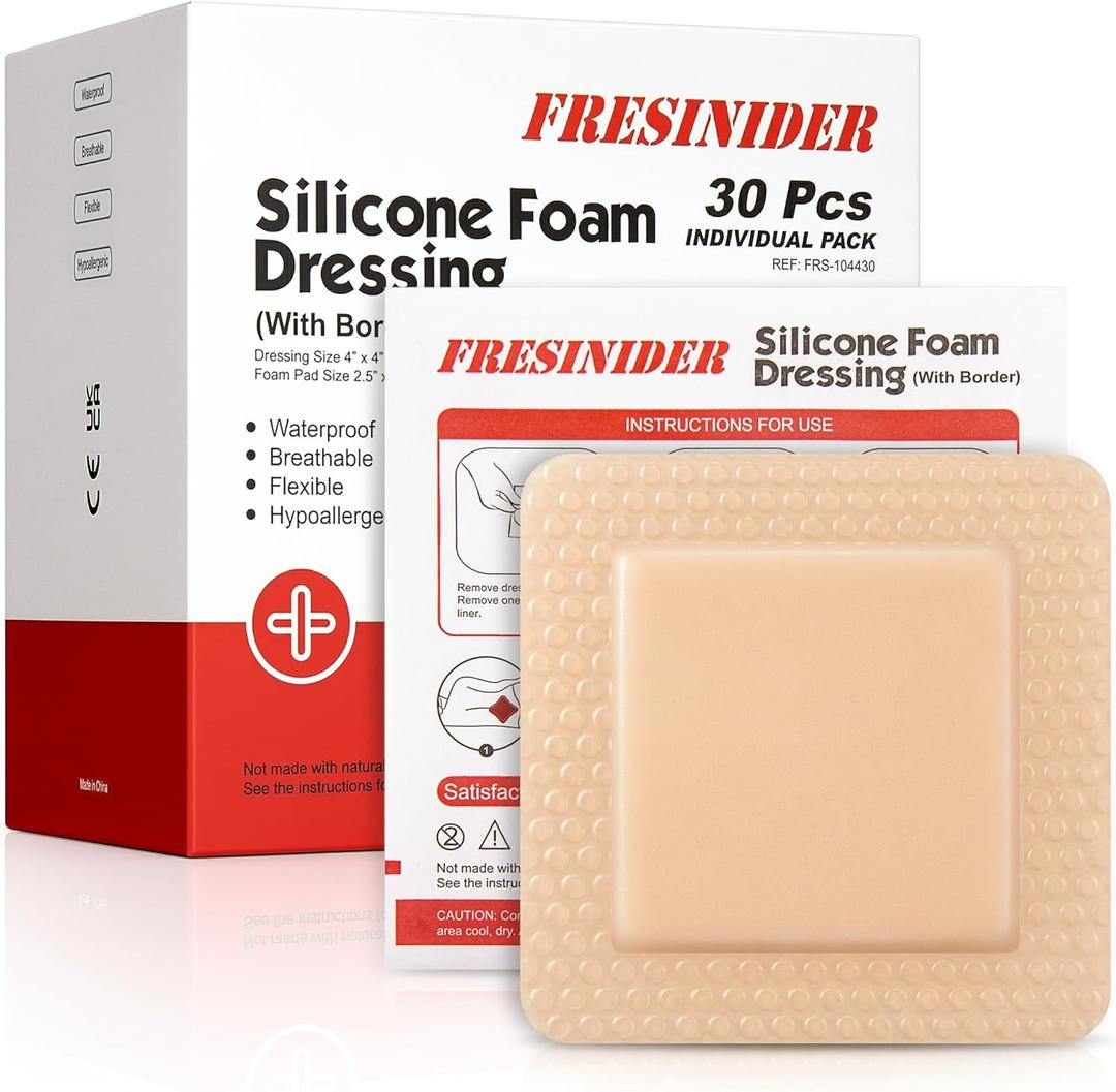 FRESINIDER Silicone Foam Dressing 4" x 4", 30 Pack Soft Silicone Wound Dressing Pads for Bed Sores & Pressure Ulcers, Post-Surgery Care, Absorbent, Breathable & Gentle on Skin