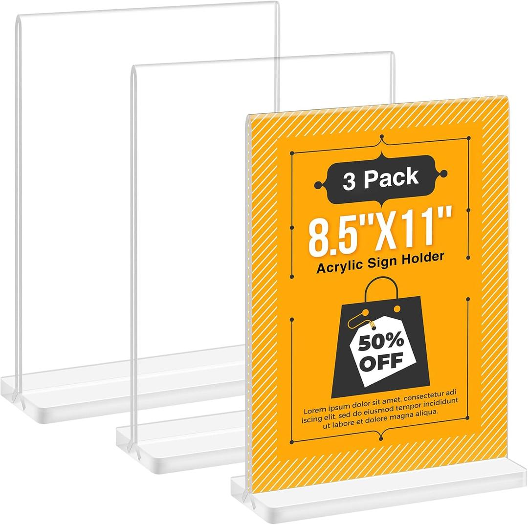 8.5 x 11 Acrylic Sign Holder, 3 Pack Double Sided Clear Display Stands, Vertical Table Number Holders, Plastic Picture Frames, Flyer Menu Brochure Sign Holder for Office, Show Fair, Restaurants