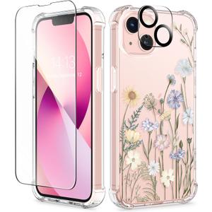 GVIEWIN for iPhone 13 Case Floral, with Screen Protector&Camera Lens Protector,[Non Yellowing] Soft Shockproof Clear Phone Protective Cover for Women, Flower Pattern Design 6.1"(Vibrant Spring)