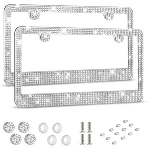 HOTOR License Plate Frame - Lastingly Bling and Sparkly License Plate Frame for Women, Stainless Steel & Obstruction-Free Frame with Multifaceted Rhinestones, White, 2 Pack