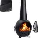 Chiminea Outdoor Fireplace Prairie Fire Patio Backyard Wooden Fire Pit with Chiminea Cover Rust-Free Iron Black