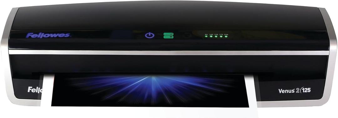 Fellowes Laminator Venus 2 125, Rapid 30-60 Second Warm-up Laminating Machine, with Laminating Pouches Kit (5734801), Black, Silver, 5.1" x 21.3" x 8.2"