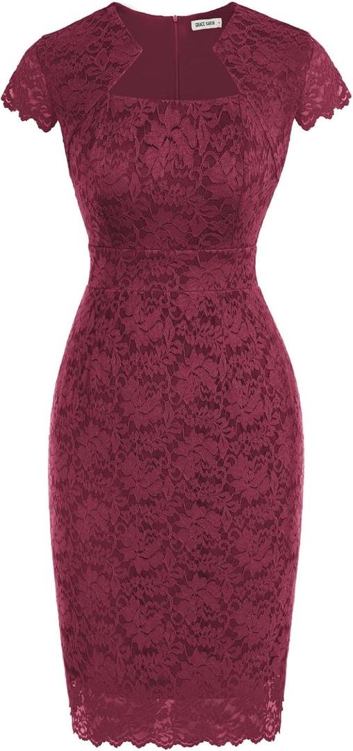 GRACE KARIN Cocktail Dress for Women Cap Sleeve Lace Dress for Wedding Guest Business Casual Dresses (Small, Burgundy)