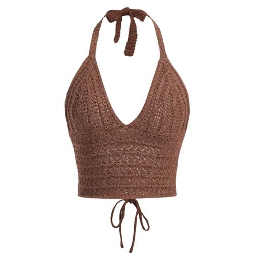 Naileksi Women Lace Up Backless Crochet Crop Halter Top Y2k Slim Fit Sleeveless V Neck Self Tie Back Knit Crop Cami Top Brown, Size S