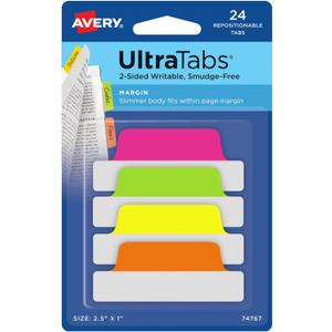Avery Margin Ultra Tabs, 2.5" x 1", 2-Side Writable, Neon Colors, 24 Repositionable Tabs, 72 Packs (74767)