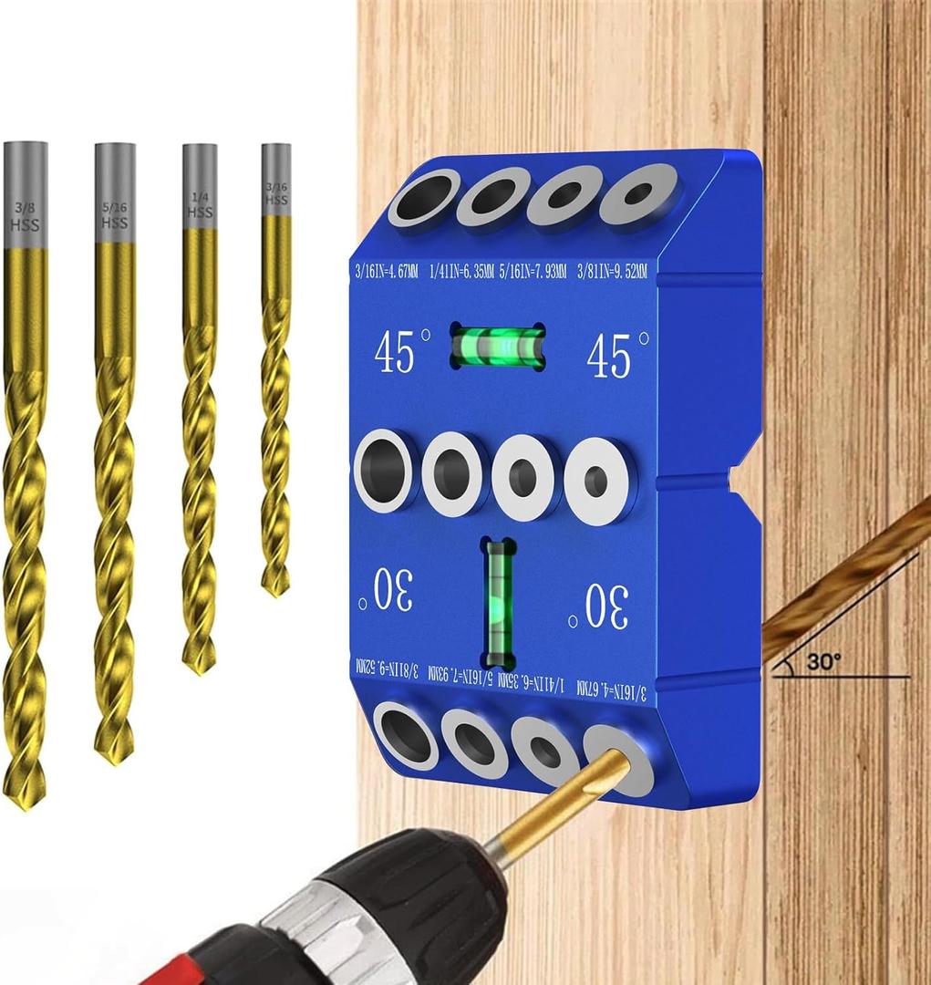 Aluminum 30/45/90 Angle Drill Guide Jig for Woodworking - Precision Angled and Straight Hole Drilling with Bubble Level, for Stair Handrail, Deck Post, Cable Railing, Furniture Assembly