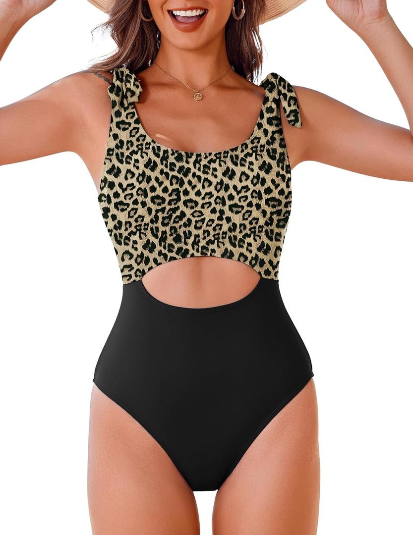 AI'MAGE One Piece Swimsuit Women 2025 Tummy Control Bathing Suits Cutout Scoop Neck Swimwear Push Up Swim Suit (X-Large, Leopard)