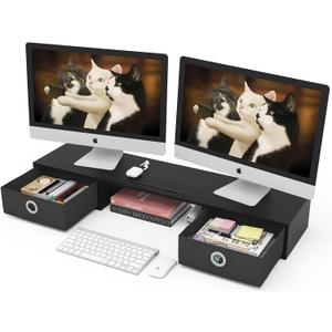 WESTREE Dual Monitor Stand Riser with Two Drawers, Extra Large Storage Monitor Stand for 2 Monitors, Desktop Oraganizer Stand for Computer,Laptop,Screen,Printer,TV