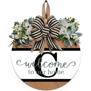 Last Name Round Front Door Wreath Decor for All Seasons, 26 Initial Letter Wreaths for Front Door Porch Welcome Garland and Eucalyptus Hanging Gift for Farmhouse Welcome Sign (C) (12*12IN)