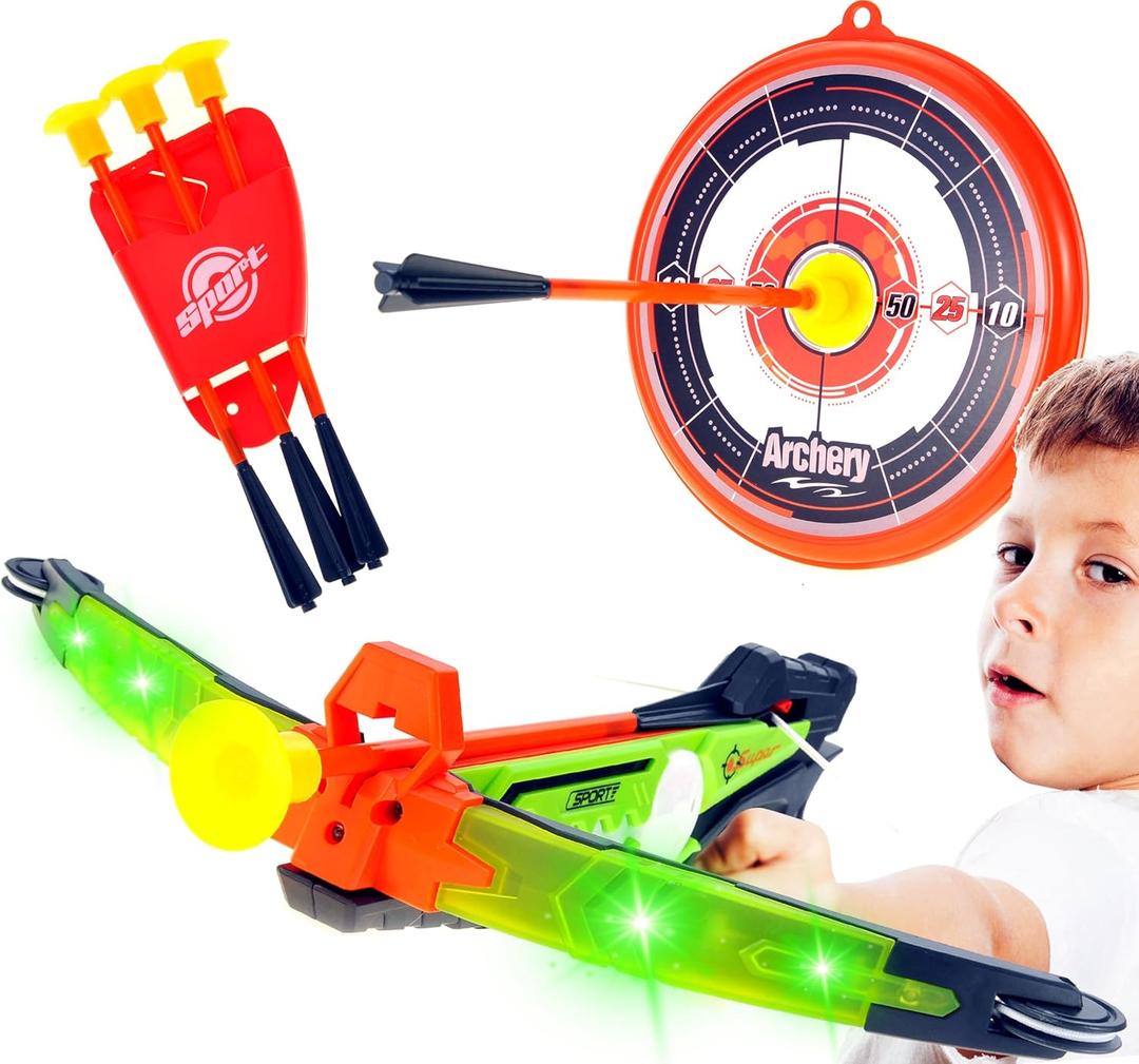 PowerTRC Light Up LED Toy Crossbow Set for Kids | Archery Set with Suction Cup and Arrows and Target | Fun Indoor and Outdoor Game for Kids