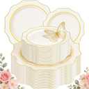 WDF 100PCS Ivory Plastic Plates with Gold Rim - Cream Plastic Plates - Include 50 Dinner & 50 Dessert Fancy Disposable Plate for Party - Heavy Duty Beige Plate for Baby Shower/Wedding/Mother's Day