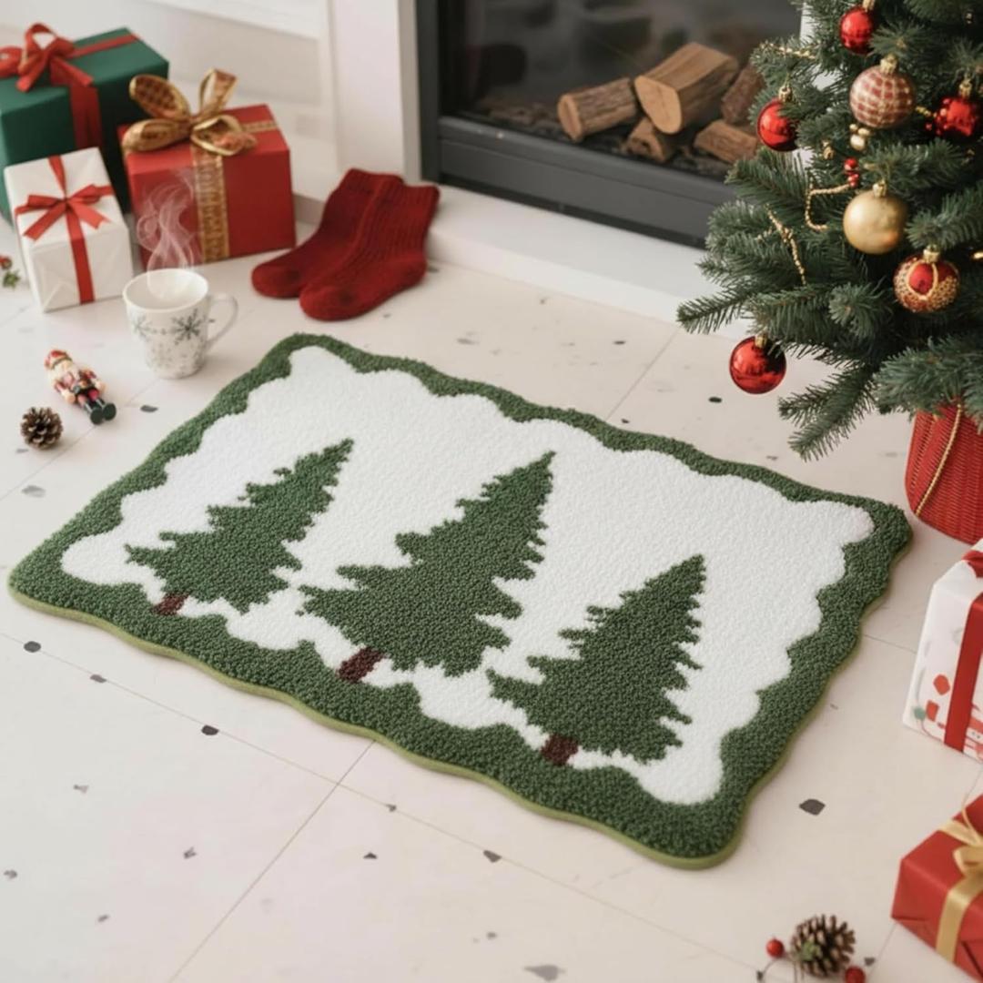 Dunzy Christmas Tree Bathroom Rug Green Christmas Bathroom Rug 31.5x19.7 Inch Non-Slip Plush Absorbent Scalloped Bath Mat Xmas Winter Holiday Soft Mat for Home Kitchen Decor Shower Tub Washable Gifts