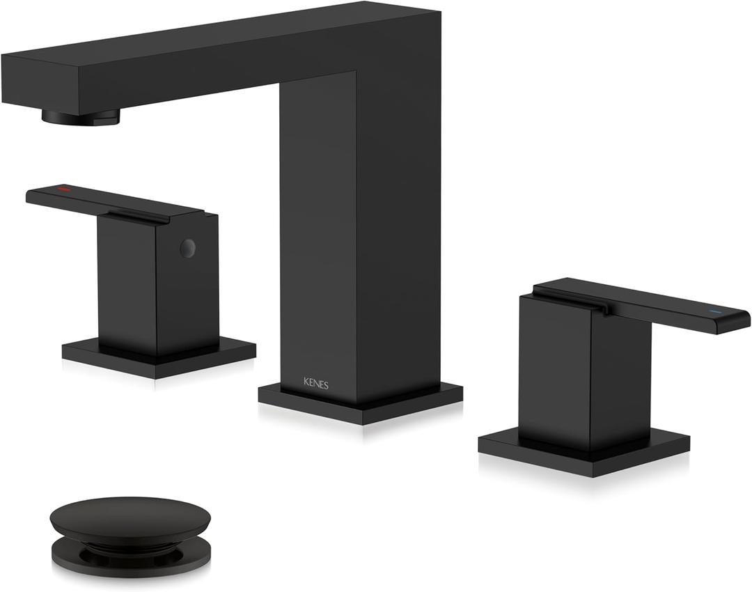 KENES Black Widespread Bathroom Faucet 3 Hole Bathroom Sink Faucet Matte Black Two Handle, 8-Inch 3 Pieces Bathroom Vanity Faucet with Pop Up Drain & Supply Lines, KE-9050-2-P