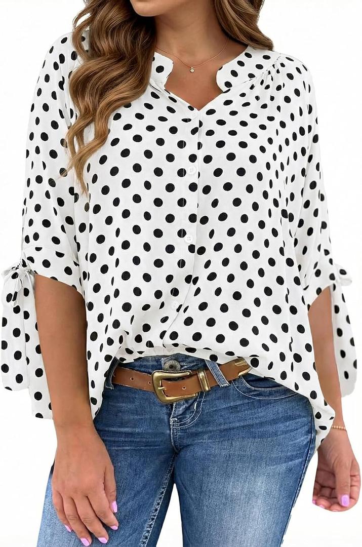 Cicy Bell Womens Polka Dot Half Sleeve Pleated Top Button Down Tunic Blouse | Summer Casual Shirts, Loose Fit, V Neck, Bow Tie Cuff, Dressy, Trendy, Cute (White, M)