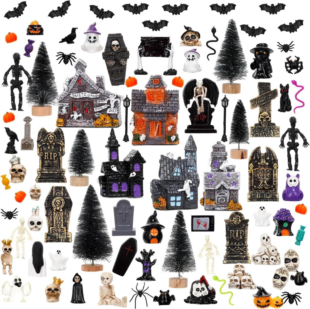 Barydat 120 Pcs Halloween Village House Accessories Miniature Halloween Town Set Mini Tombstone House Skeleton Pumpkin Tree Spider Ghost Streetlamp Figurines for Dollhouse Home Decor