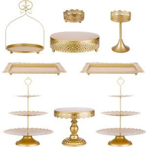 ZUMELER 9Pcs Metal Cake Stands Round Cake Stands Candy Fruite Display Plate Cupcake Serving Tower for Wedding Brithday Party Celebration Home Decoration, Gold