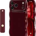 NITITOP Compatible for iPhone 17 Pro Max Case Cute Simple Wave Design Stylish Wavy Curly Frame with Wrist Adjustable Hand Strap Kickstand Grip Holder Soft Silicone Protective Cover - Wine Red