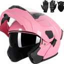 Adult Modular Motorcycle Helmets, DOT Approved Flip up Dual Visor Full Face Helmet for Men Women Moto ATV UTV Snowmobile ADV Four Wheeler Street Bike with Gloves & Mask (Pink, S)