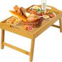 MorTime Bed Tray Table with Folding Legs, Bamboo Breakfast Tray with Handles for Bed, Sofa, Eating, Working, Foldable Laptop Desk Food Snack Tray Serving Tray
