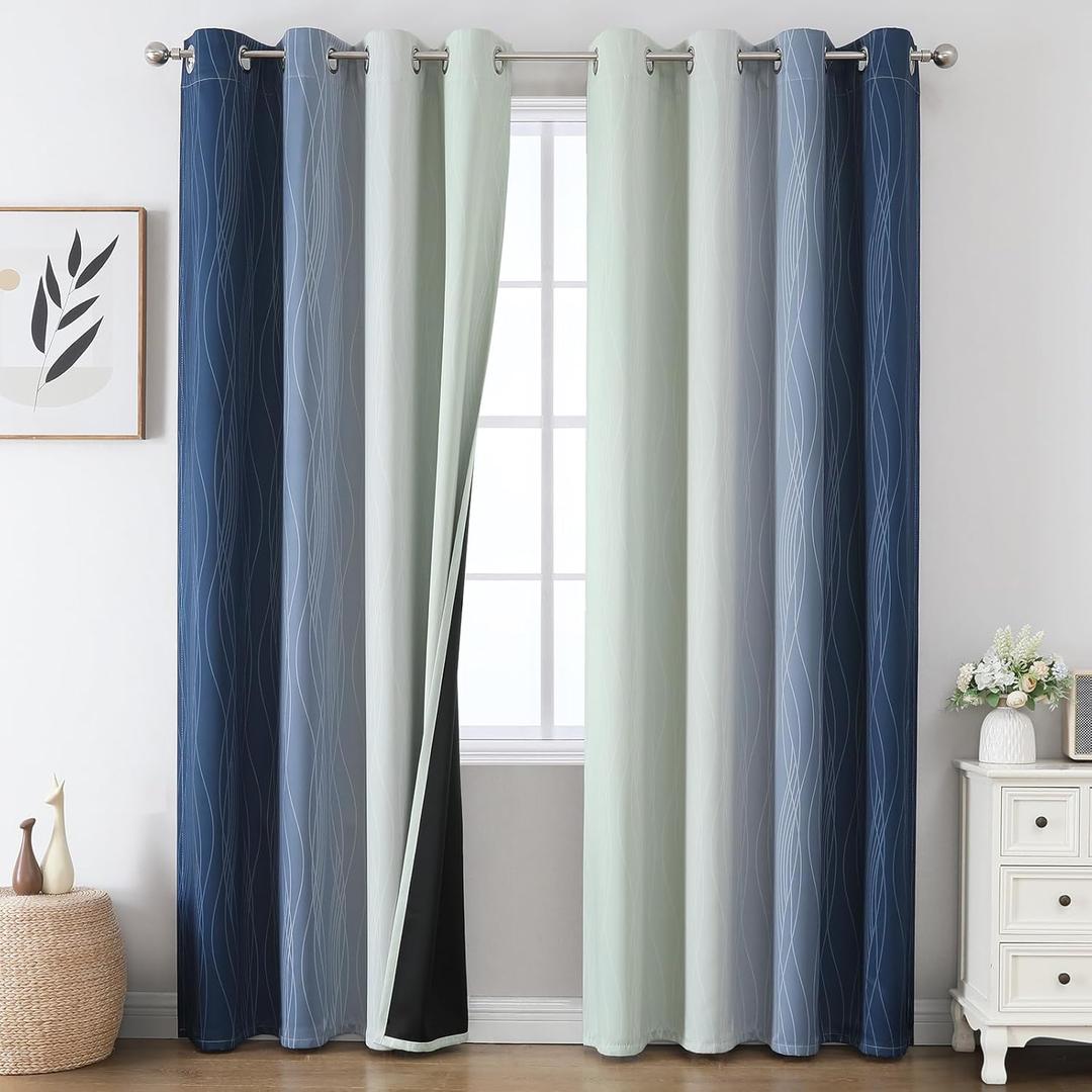 Estelar Textiler Navy Blue and Sage Green Ombre Blackout Curtains 84 Inch Length 2 Panels Set,Thermal Insulated Gradient Drapes for Bedroom,Full Room Darkening Grommet Curtains for Living Room,52Wx84L
