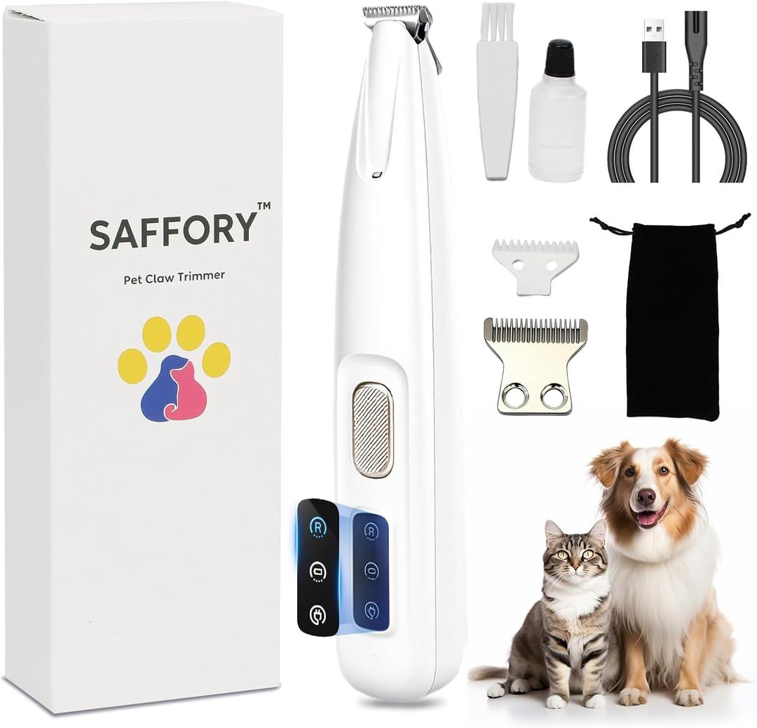 Saffory Dog Paw Trimmer, Pet Claw Trimmer with LED Light, Low Noise USB Rechargeable Pet Clipper. Suitable for Dogs and Cats, for Trimming Hair Around Paws Eyes Ears Face Buttocks. (1)