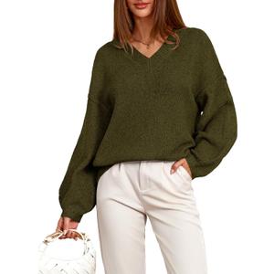 BTFBM Casual Long Sleeve Sweaters for Women Loose V Neck Ribbed Knit Pullover Tops Womens Fall Fashion 2025 (Small, Army Green)