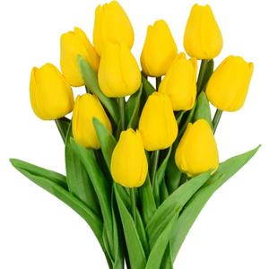 Eternal Blossom 12pcs Yellow Tulips Artificial Flowers, 13.4" PU Flowers Fake Tulips for Spring Mother's Day Easter ValentineS Day Gifts in Home Kitchen Wedding Dining Table Decorations