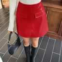 Yousify Womens Faux Leather Mini Skirts High Waisted A-Line Fall Short Skirt with Pockets (Red)