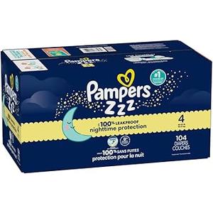 Pampers ZZZ Overnight Diapers, Size 4 (22-37 lbs), 104 Count, Nighttime Protection Disposable Baby Diaper, Night Time Leak and Skin Protection