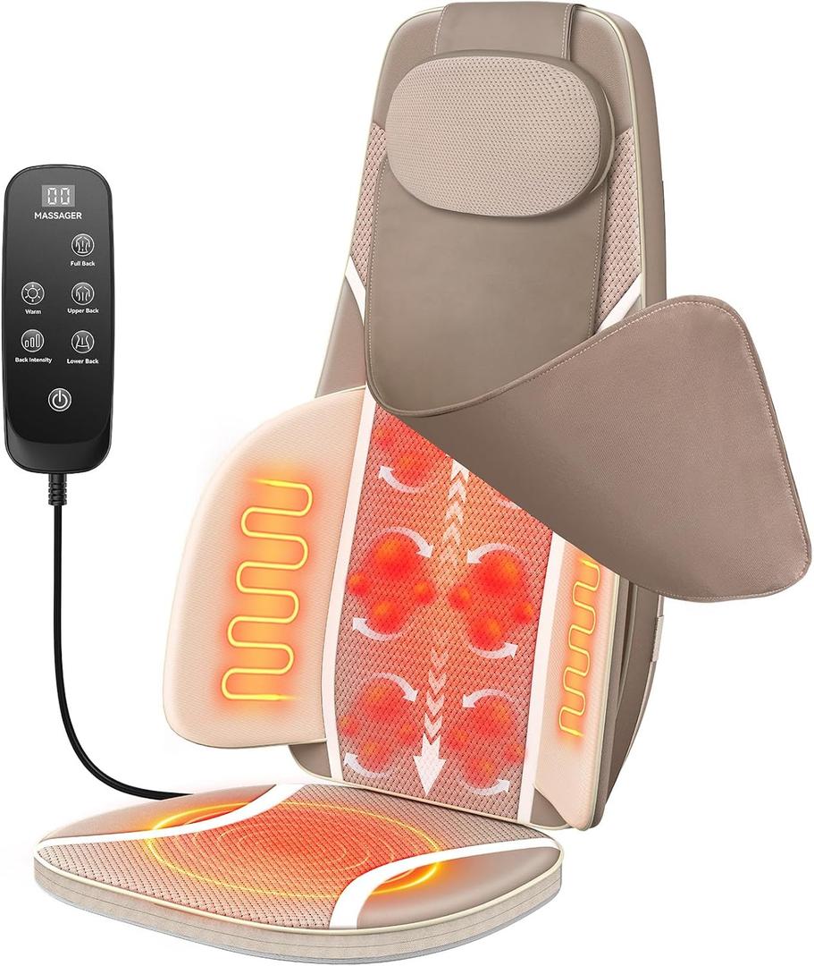 Shiatsu Back Massage Chair Seat Cushion with Heat  4D Kneading, Full Back Pain Relief, Upper/Lower Back & Lumbar Coverage, Adjustable Intensity & Warmth, Deep-Kneading, Office Chair Massager, Brown