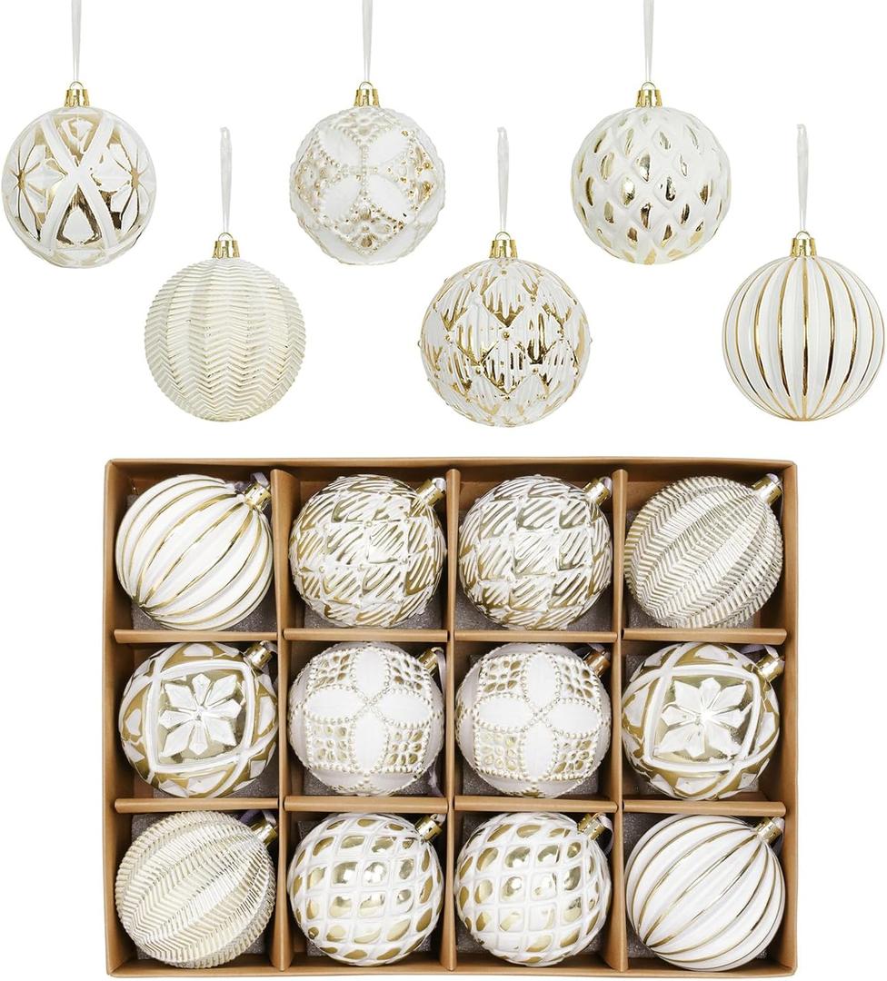XmasExp Vintage Rustic Christmas Ball Ornaments Sets Neutral Christmas Ornaments Farmhouse Shatterproof Large Hanging Balls Tree Decorations for Xmas Xmas Home Party White Gold, 12Pcs