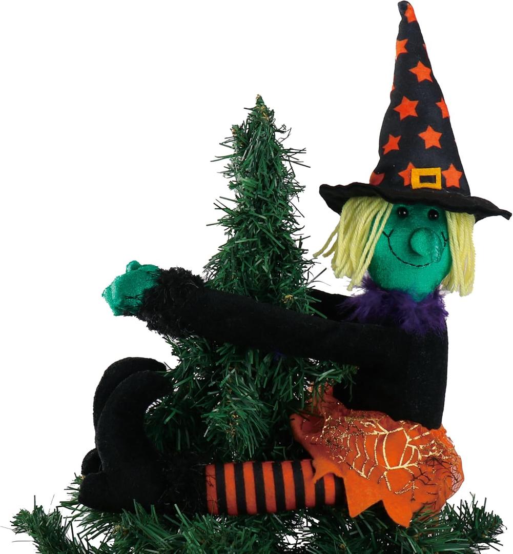 Halloween Decorations Witch Tree Topper,Black and Orange Tree Hanging Ornaments,Fall Curtain Tie and Wine Bottle Hugger, Plush Cute Dolls Festive Table Decor