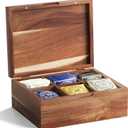 Acacia Wood Tea Bag Organizers, Tea and Sugar Packet Storage Chest with Lid, Wooden Teabag Holder Containers,Storage Box Teabox with 6 Compartments