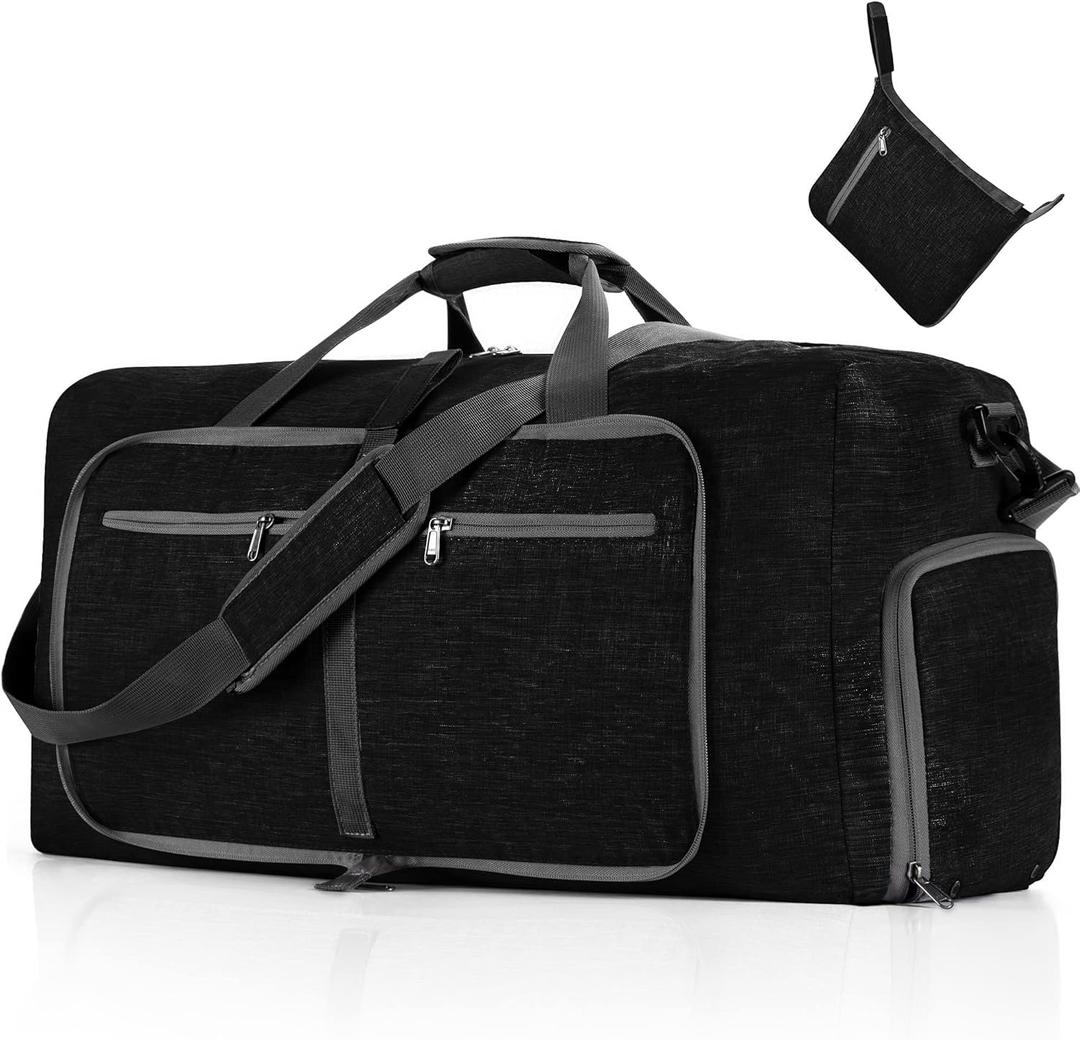 Vomgomfom 65L/85L/115L Foldable Travel Duffle Bag, Lightweight Checked Luggage with Shoe Compartment, Water-Resistant Weekender Overnight Bag for Men & Women (Black)