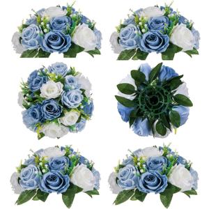 BLOSMON Flower Ball Centerpieces for Table 6 Pcs Fake Rose Centerpiece Flowers Dusty Blue Artificial Silk Floral Arrangement Center Piece Kissing Bouquet for Wedding Party Home Decor