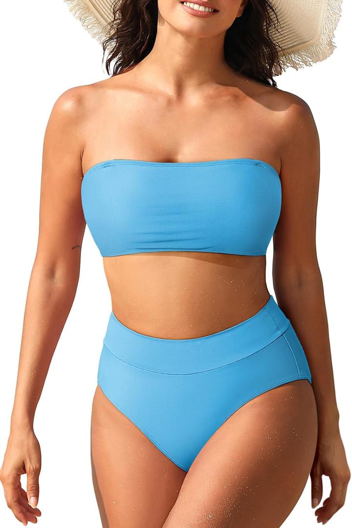 Pink Queen Women's High Waist Bikini Set Removable Strap Bandeau Two Piece Swimsuit Bathing Suit (Large, 01 - Blue)