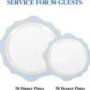 Realluck 100 PCS White and Blue Disposable Plates for 50 Guests, Scalloped Plastic Plates Include 50 Dinner Plates and 50 Dessert Plates for Party, Wedding and Graduation