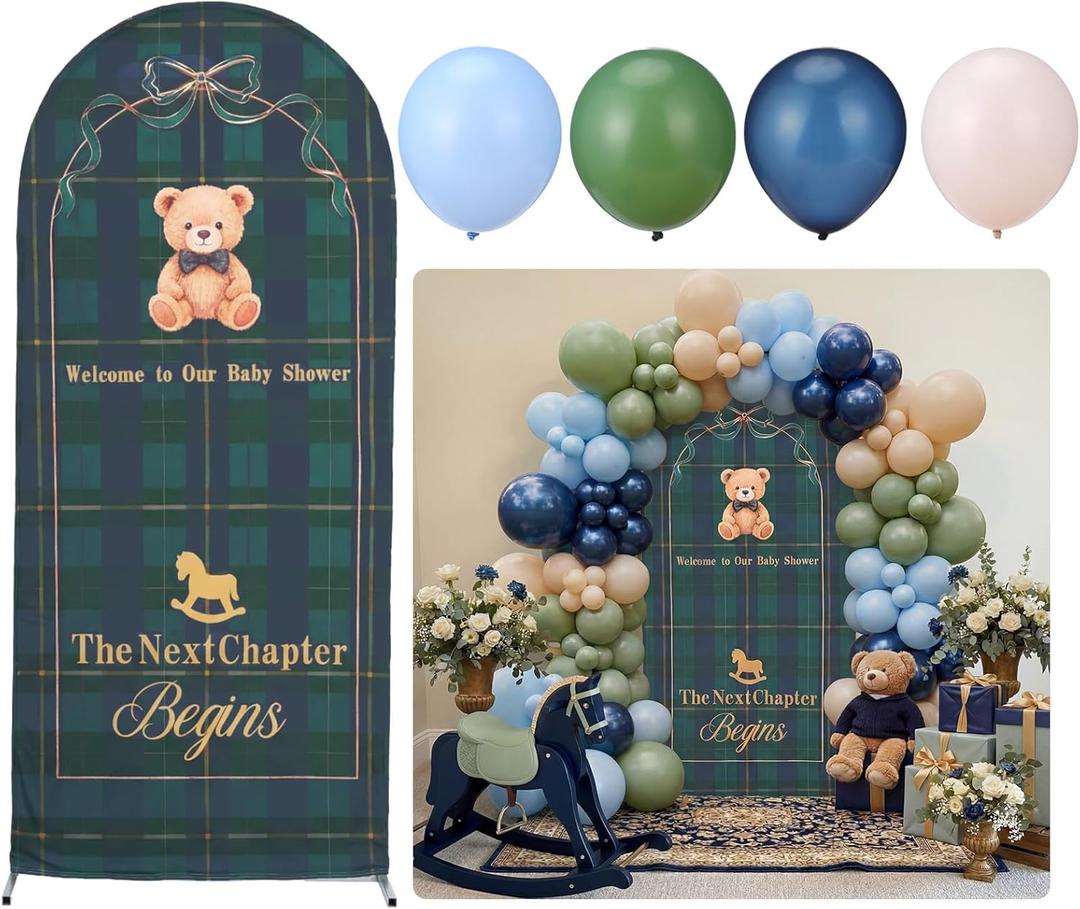 7.2ft Tartan Plaids Bear Arch Backdrop Cover, 146 Pcs Equestrian Plaid Bear Balloons Baby Shower Decorations for Baby Shower Party Gender Reveal Decoration